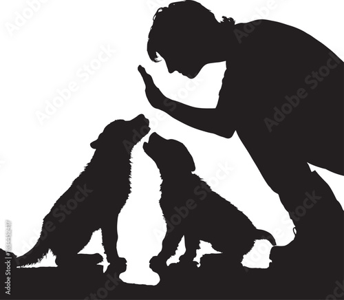 Man and Two Dogs Silhouette Vector Illustration. Pet Owner Bonding with Puppies Icon Graphic.
