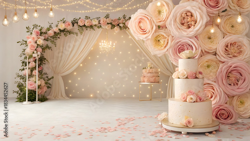 Elegant wedding cake display with floral arch and fairy lights
