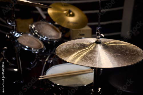 Sticker Closeup of shiny percussions, Intimate jazz club setting with textured metal and