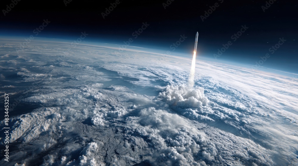 Naklejka premium A powerful rocket ascends into the sky leaving a trail of smoke as it breaks through the clouds. This dramatic launch showcases human innovation and the desire to explore beyond Earth.
