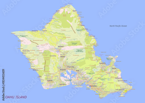 detailed map of Oahu Island, Hawaii, set against a light blue background representing the North Pacific Ocean. The island itself is depicted with varying shades of green and beige
