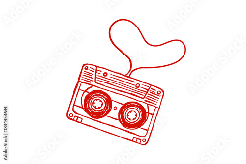Red hand-drawn cassette tape with heart-shaped audio tape  isolated on transparent background