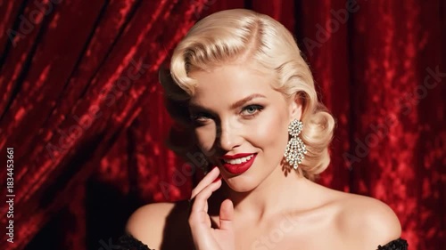 Glamorous blonde woman with vintage hairstyle and red lipstick smiling