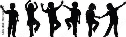 Dancing children silhouettes collection showing playful kids posing, jumping, holding hands, celebrating, and moving in joyful energetic poses for creative designs
