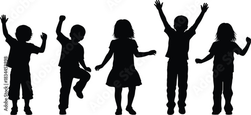 Dancing children silhouettes of boys and girls jumping, celebrating, playing, joyful kids poses, energetic child figures for creative design projects