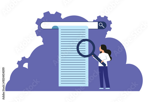 SEO search engine optimization or finding website from internet, online job or career opportunity concept woman with on search box with magnifying glass button.