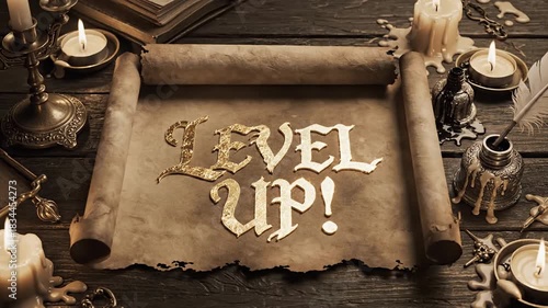 Ancient Scroll with Level Up Message Surrounded by Candles and Books on Wooden Table.