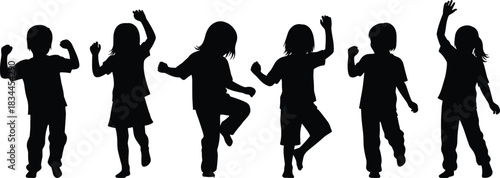 Dancing children silhouettes set featuring playful kids jumping, celebrating, posing, and moving in joyful expressive poses for creative design and illustration use