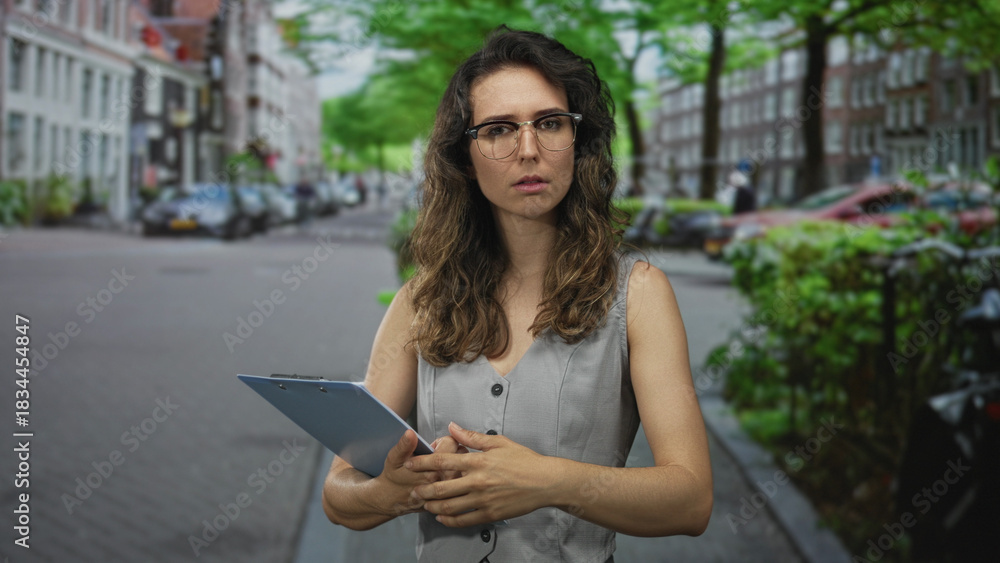 Fototapeta premium Woman wearing glasses holding clipboard and reading notes on a busy city street lined with parked cars and brick buildings; concentration.
