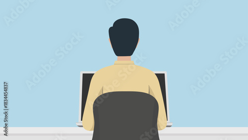 Illustration of a man sitting on a chair facing a laptop on a desk, seen from behind, with a blue background.