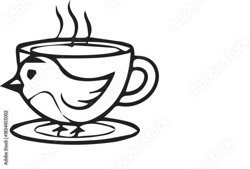 Whimsical illustration of a bird forming the body of a steaming coffee cup.