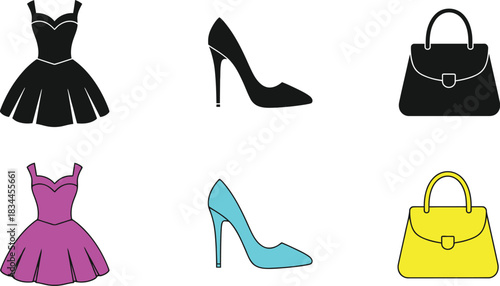 Elegant fashion icons dress high heel shoe and handbag in black and color