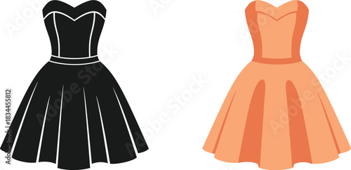 Elegant vintage dresses in black and peach for fashion illustration