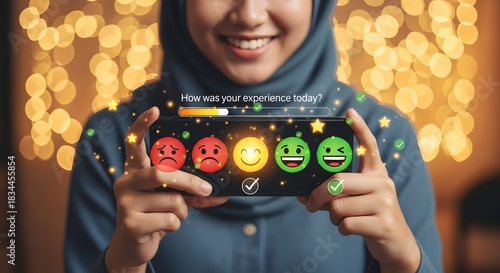 Woman in Hijab Holding Smartphone Showing Customer Satisfaction Survey with Emoticons.