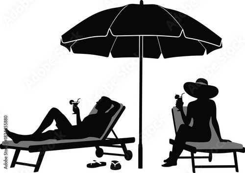 Silhouette couple relaxing on beach loungers under umbrella enjoying refreshing drinks, peaceful summer vacation scene, tropical holiday leisure illustration for travel themes