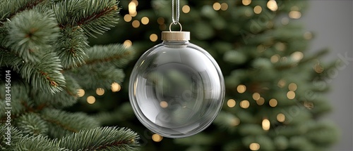 Elegant glass ornament hanging with golden glitter against a soft bokeh background during the holiday season