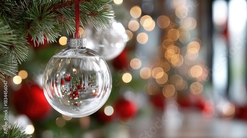 Elegant glass ornament hanging with golden glitter against a soft bokeh background during the holiday season