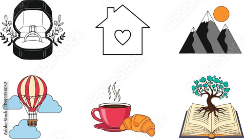 Collection of hand drawn icons representing love home nature and learning