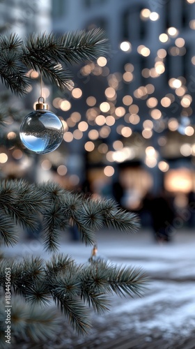 Elegant glass ornament hanging with golden glitter against a soft bokeh background during the holiday season