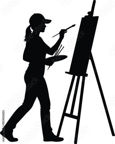 Silhouette of female artist painting on canvas, woman with easel, creative hobby concept, vector illustration, isolated on white.