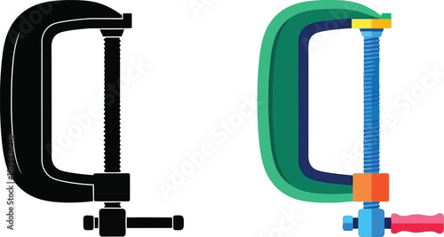 Black and colorful c clamps isolated on white background comparison
