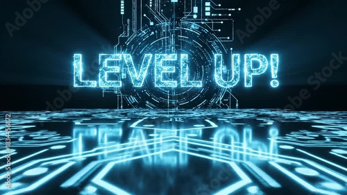 Futuristic Digital Animation of Glowing Level Up Text.