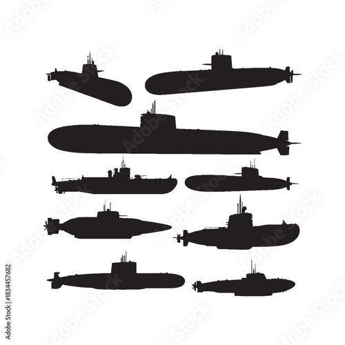 Submarines Silhouettes Collection, Submarine Silhouette, Naval Vessel Vector, Marine Military Illustration