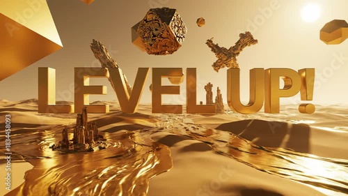Golden Level Up Animation with Abstract Elements and Effects.