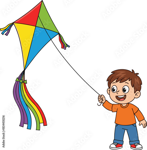 Cartoon child flying colorful kite with joyful smile, outdoor playtime activity in nature scene, flat vector illustration