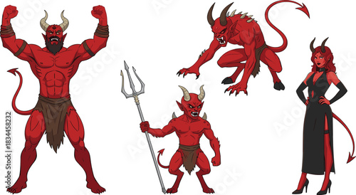 Cartoon demon characters with horns, trident, dress and poses, fantasy red-skinned creatures in action, flat vector illustration