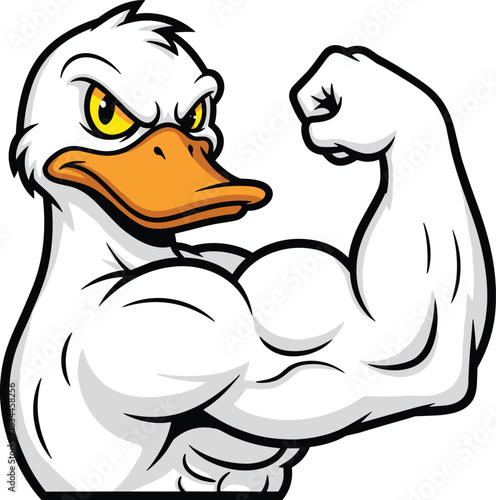 Cartoon muscular duck flexing arm with intense expression and yellow eyes, strong animal mascot pose, flat vector illustration