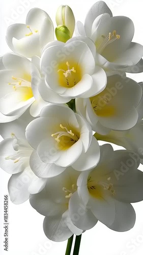 Close-up of a beautiful white freesia flower bouquet in full bloom, isolated on a white background, perfect for spring and wedding themes.