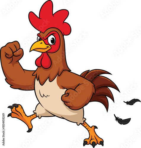 Cartoon rooster running with clenched wings and fierce expression, aggressive farm animal in motion, bold poultry character, flat vector illustration