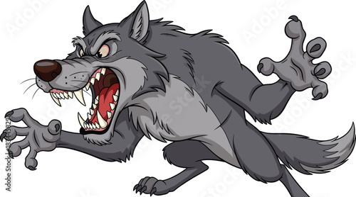 Cartoon wolf in aggressive stance with claws and sharp teeth, fierce animal character in motion, flat vector illustration