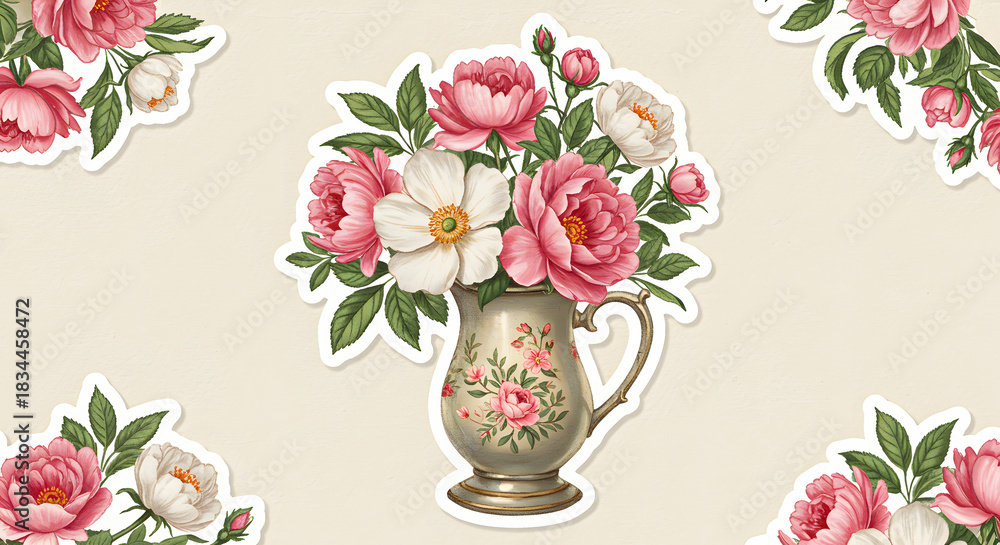 Obraz premium Floral Bouquet in Pitcher Elegant Peonies and White Flowers Sticker