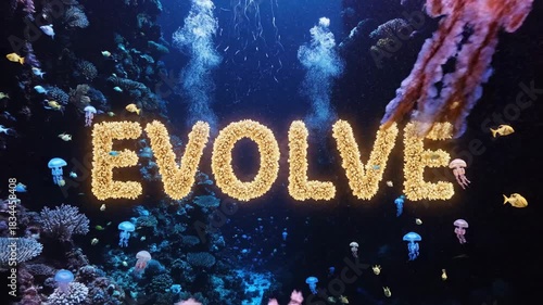 Golden Evolve text shines brightly in a vibrant underwater coral reef ecosystem.