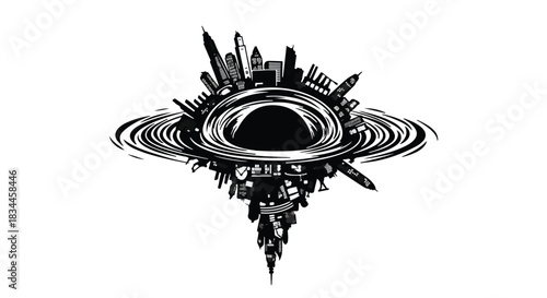 Surreal cityscape with swirling vortex black hole urban landscape futuristic illustration