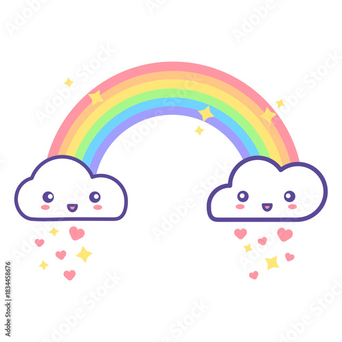 Cute clouds and rainbow raining hearts