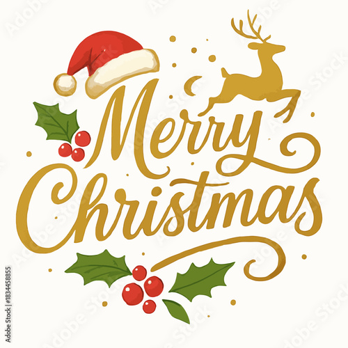 Merry Christmas design with Santa hat, reindeer and holly leaves