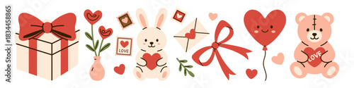 Vector set of cute Valentines day elements with gift box, heart flower, bunny, envelope, bow, balloon, teddy bear with love heart. Romantic holiday collection for greeting card, banner, kid design.