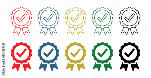 Color outline and solid checkmark badge icon set. Certified award and approval ribbon symbols in red blue green gold and black. Vector illustration on transparent background.