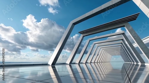 white and silver concrete structure on concrete floor against blue sky
