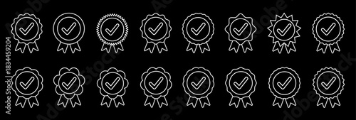 Outline checkmark badge icon set. Thin line award and certification symbol with ribbon. Minimal vector design for approval or achievement.
