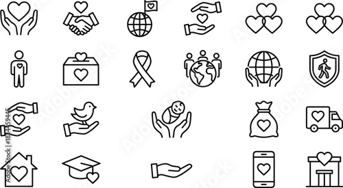 Charity icon set, care and support symbols, humanitarian aid graphics, donation and community visuals, black line style, cad drawing flat vector