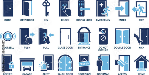 Door icons, access symbols, entry methods, exit signs, security interface, emergency alerts, lock systems, push pull, digital lock, entrance visuals