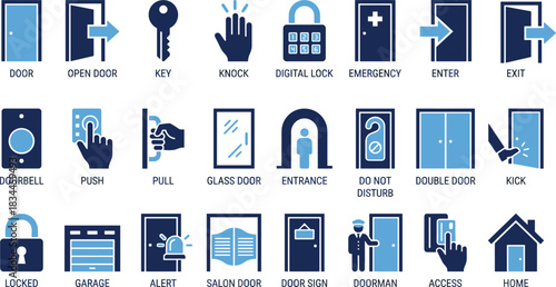 Door icons, access symbols, entry signs, exit graphics, security elements, emergency alerts, push pull actions, digital lock, garage, doorman, signage