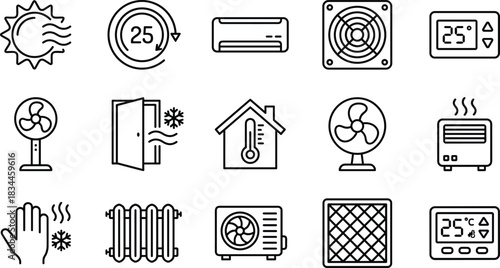 HVAC icon set, heating cooling ventilation symbols, thermostat and temperature control graphics, black line style, cad drawing flat vector