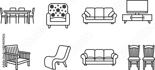 Furniture icon set, home interior symbols, sofa and chair graphics, dining table visuals, black line style, cad drawing flat vector