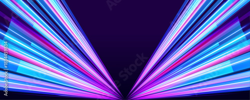 Sharp digital curves twist through a glowing cyber grid. Intense pink and cyan rays sweep forward like accelerated signals. The illuminated lines convey futuristic network power.