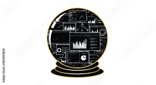 Crystal ball showing futuristic digital data displays and charts, symbolizing future technology and analytics.